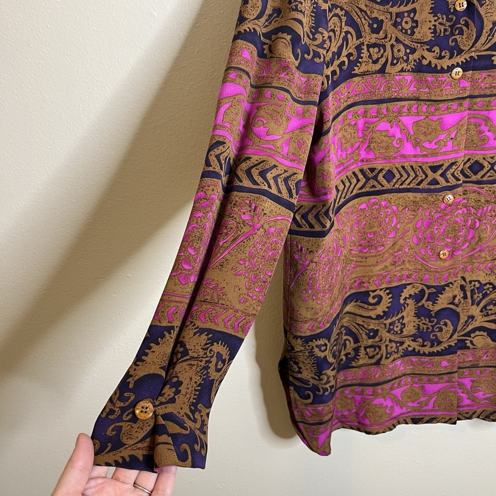 Vtg Dana Buchman Silk Blouse Button Up 12 Lagenlook Tunic Pink Brown‎ Boho Artsy - Picture 2 of 10